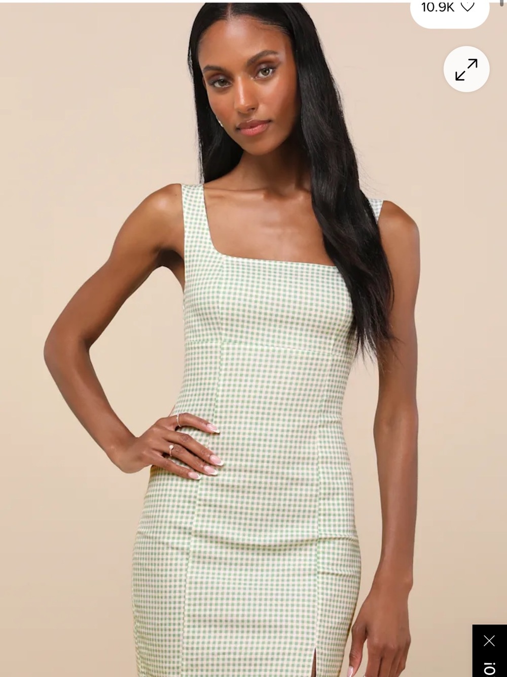 Lulu's Light Green Gingham Square Neck Midi Dress